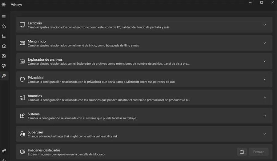 Interface principale de Wintoys