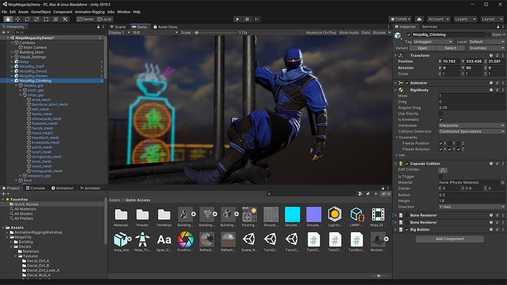 Interface de l'éditeur Unity 2019, une des versions à partir de laquelle les jeux compilés sont potentiellement vulnérables au CVE-2025-59489.