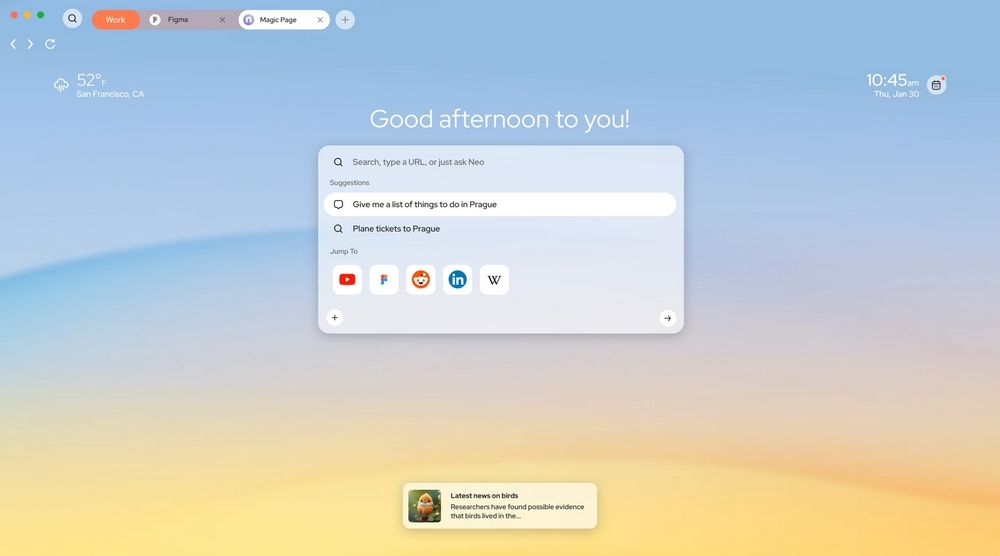 Interface principale du navigateur Norton Neo sur Windows 11, affichant la barre latérale Magic Box avec des suggestions d'IA lors d'une recherche sur le Web.