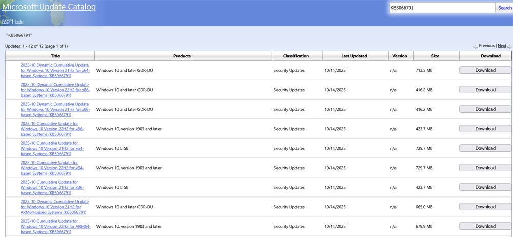 catalogue officiel des correctifs Microsoft