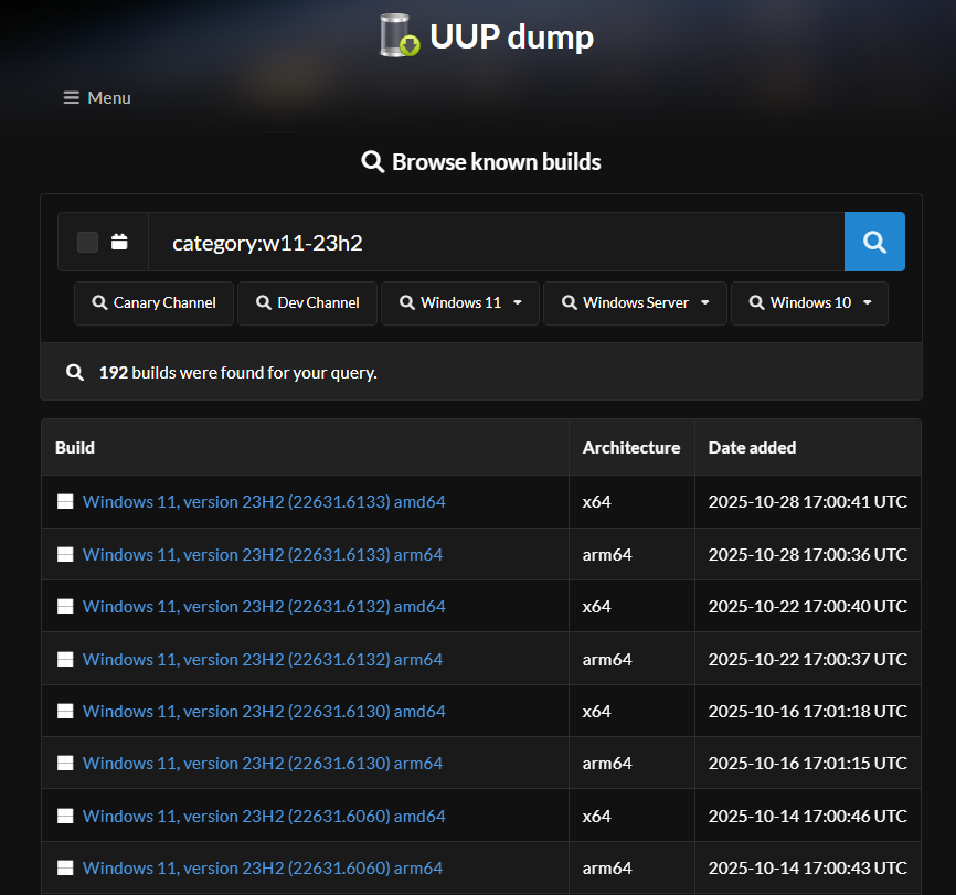 Interface du référentiel Windows 11 23H2