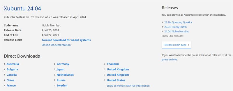 page de téléchargement de Ubuntu
