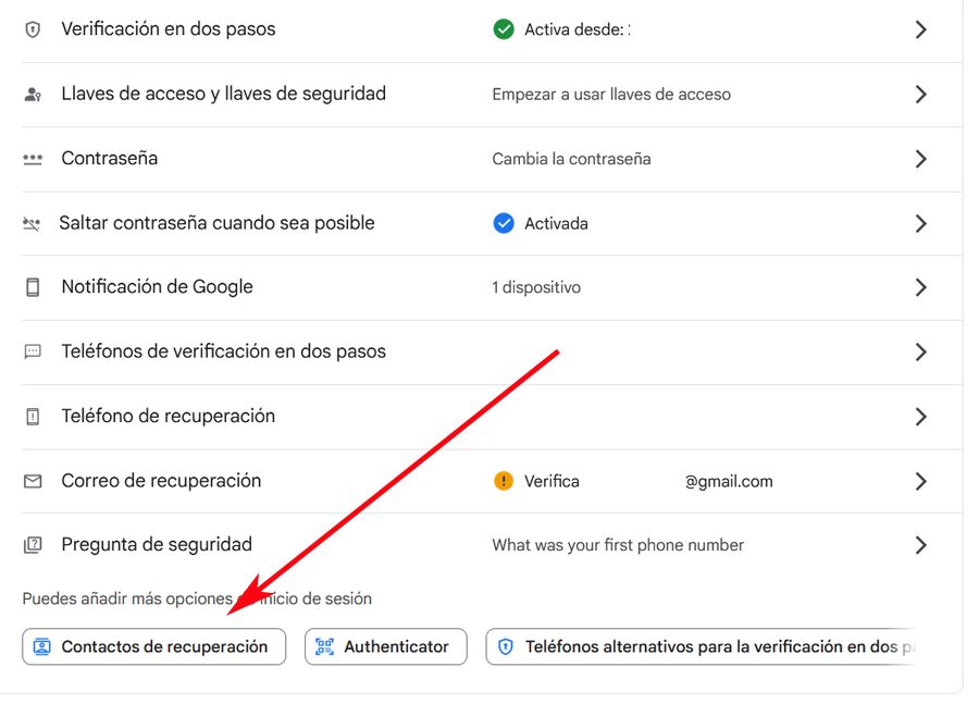 Contacts de récupération Google