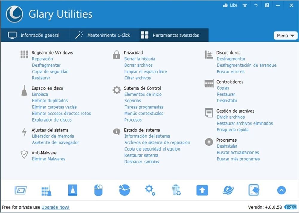 Interface de toutes les fonctionnalités gratuites de Glary Utilities