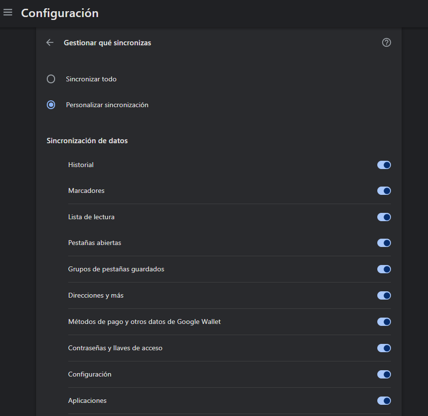 Liste des synchronisations Google Chrome (mots de passe, favoris...)