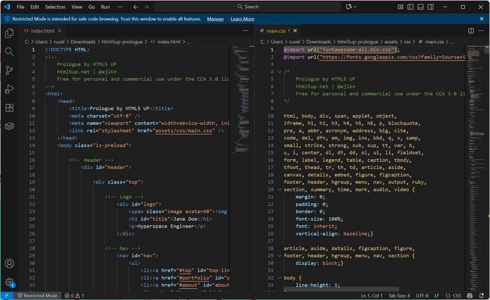 Exemple de code HTML à partir d'un modèle HTML5 UP ouvert dans l'éditeur Visual Studio Code, affichant des balises telles que section, en-tête et p.