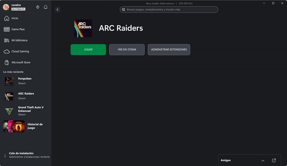 Page de jeu Steam dans l'application Xbox affichant un espace vide où devrait se trouver la couverture ou l'illustration principale.