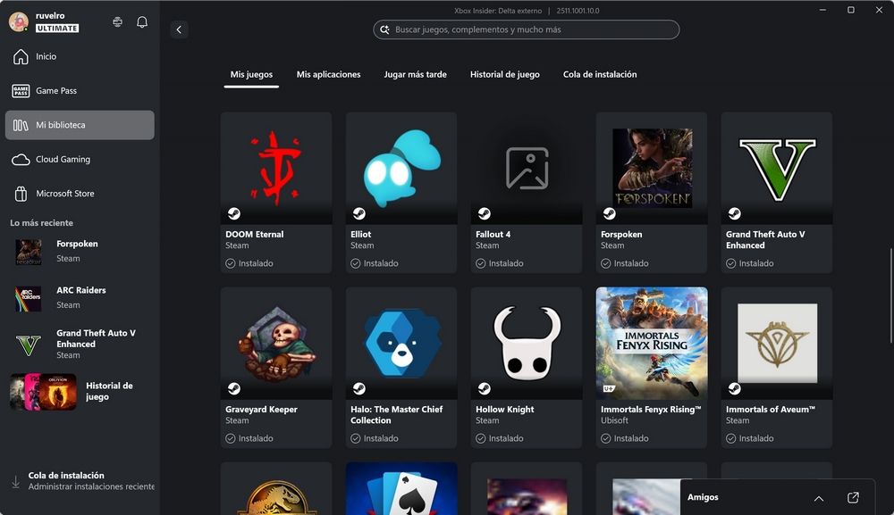 Écran de l'application Xbox affichant la liste des jeux installés sur d'autres plateformes, prêts à être exécutés.