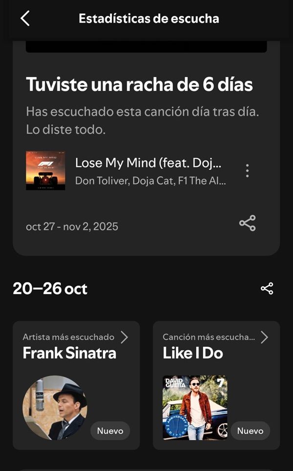 Exemple de l'interface de résumé hebdomadaire Spotify, qui montre les auteurs et les chansons écoutées.