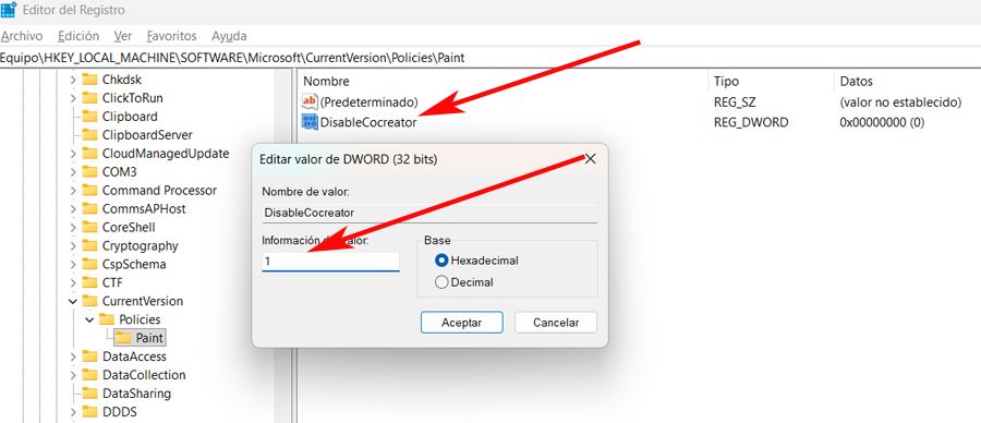 Valeurs IA du registre Windows