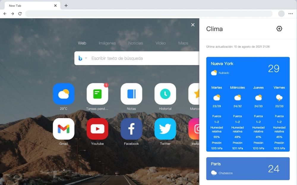 Démonstration de la haute personnalisation d'Infinity New Tab, où l'on peut voir des accès rapides, des widgets météo et un fond d'écran personnalisé.