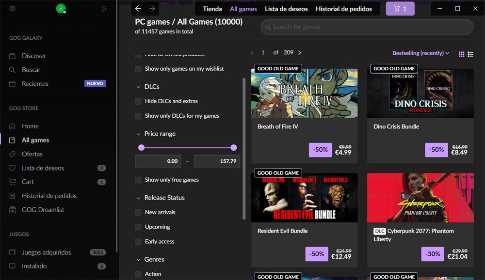 interface principale de Gog