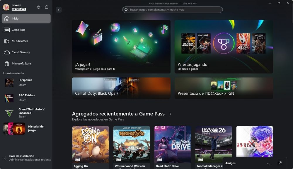 Interface de l'application Xbox sur Windows 11 affichant la bibliothèque de jeux récemment installés, y compris les titres Game Pass.
