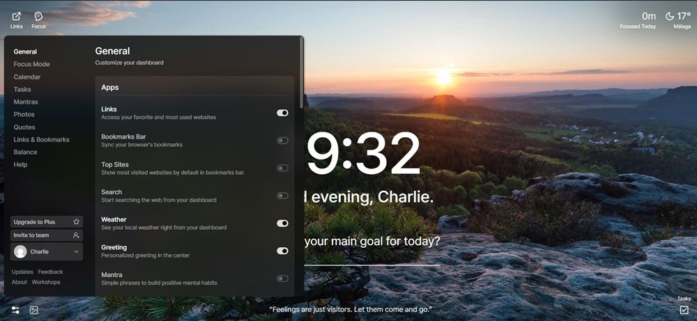 Exemple de l'interface de l'extension Momentum pour Chrome. Où un paysage, l'heure locale, un message d'accueil et la section des paramètres sont affichés.