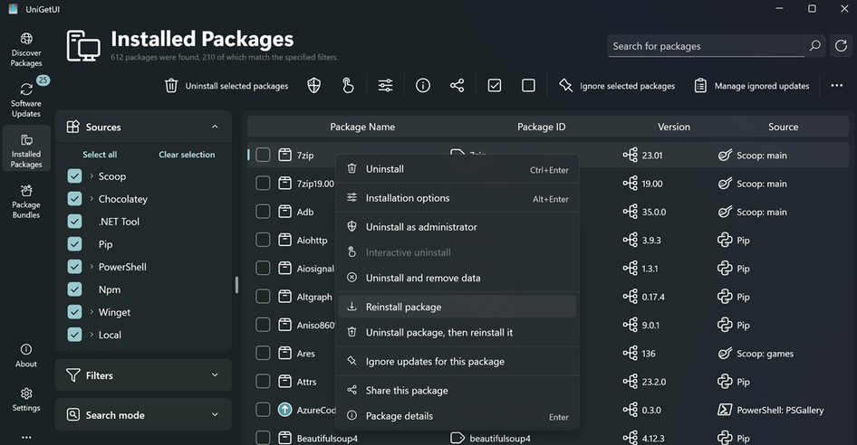 Interface du package UniGetUI