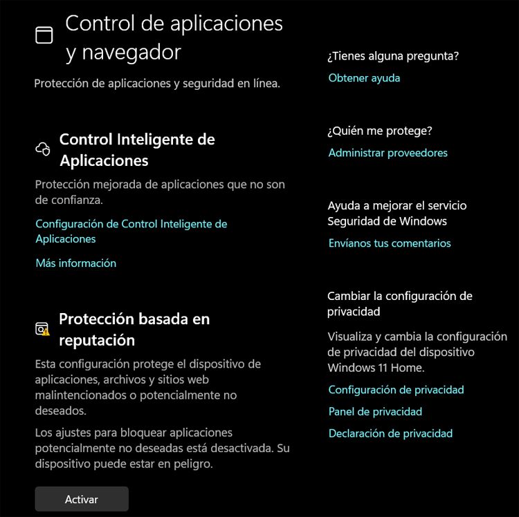 contrôle des applications Defender