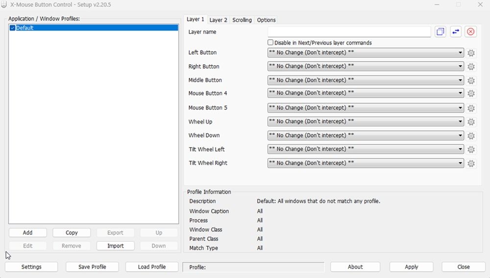 Contrôle du bouton de la souris X