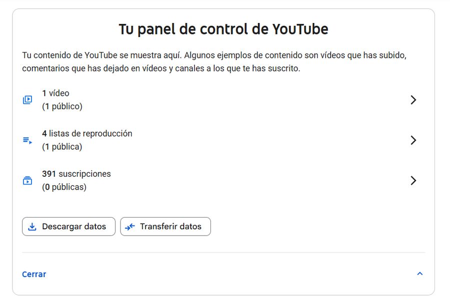 panneau de contrôle YouTube