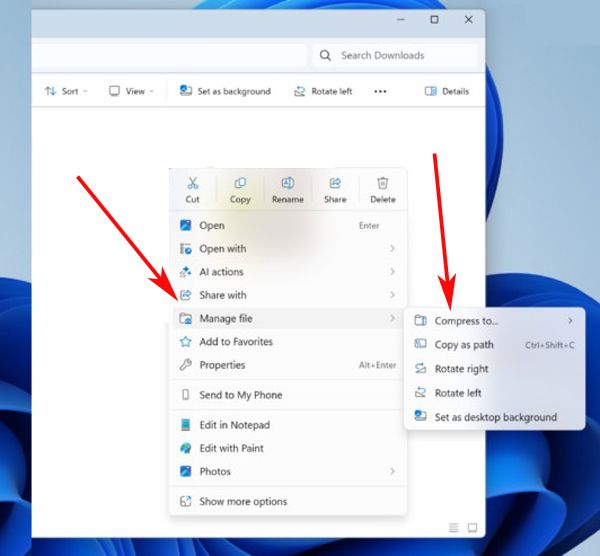 Menu contextuel de la présentation Windows