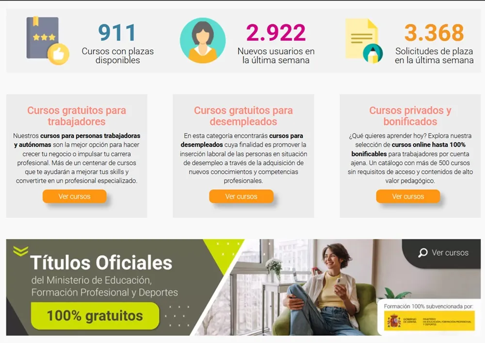 Interface principale du site Cursos Femxa, où l'on peut trouver des informations telles que les utilisateurs qui ont suivi des cours la semaine dernière, les demandes de place ou les différents types de cours