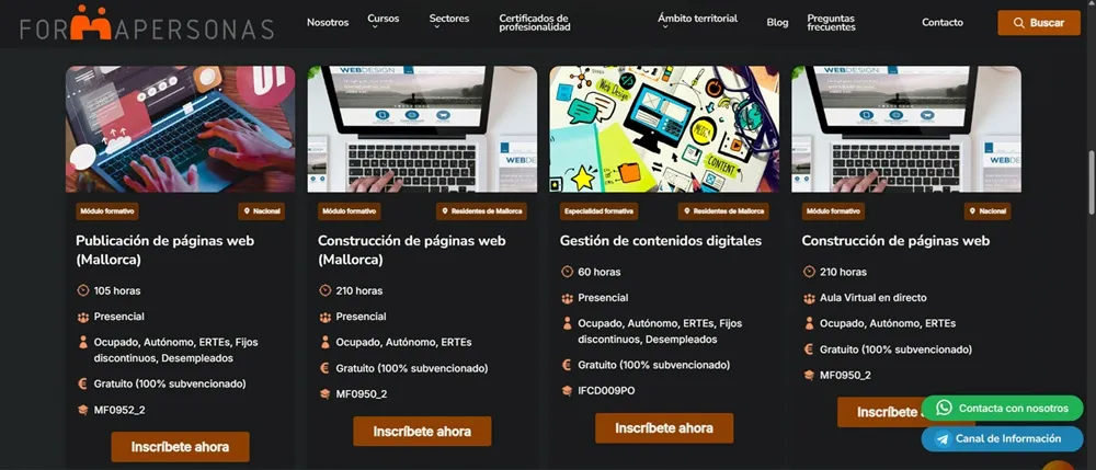 Interface de formation et de personnes, avec un échantillon des différents cours proposés sur la plateforme. Tous liés à la gestion de pages Web