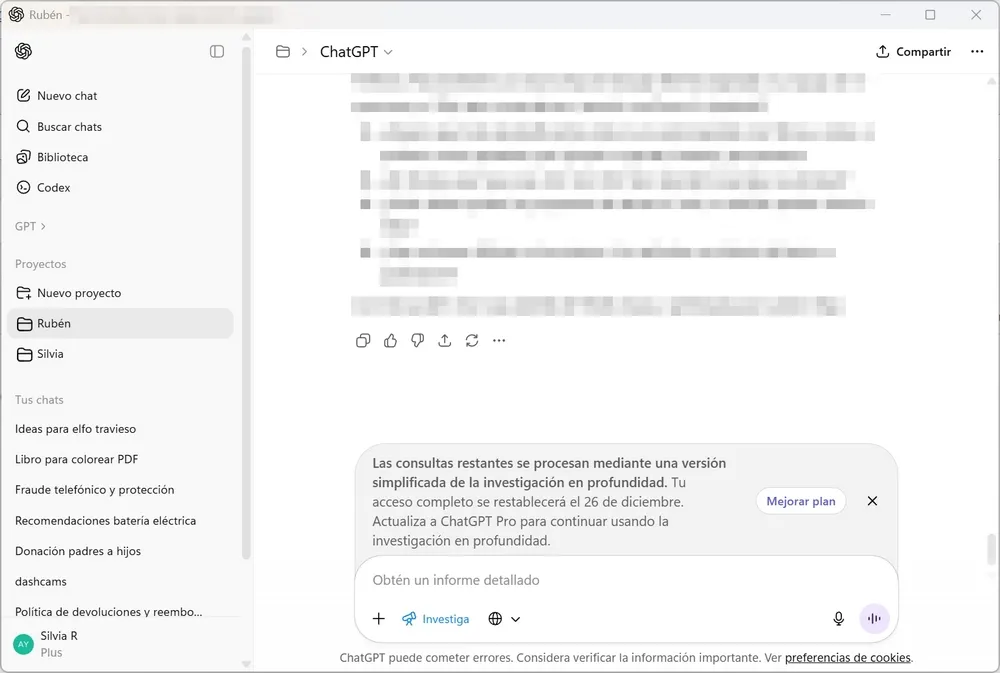Message d'avertissement dans l'interface ChatGPT Plus informant l'utilisateur que les requêtes restantes seront traitées avec une version simplifiée de l'analyse approfondie.