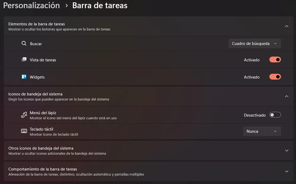 Configuration de la barre des tâches