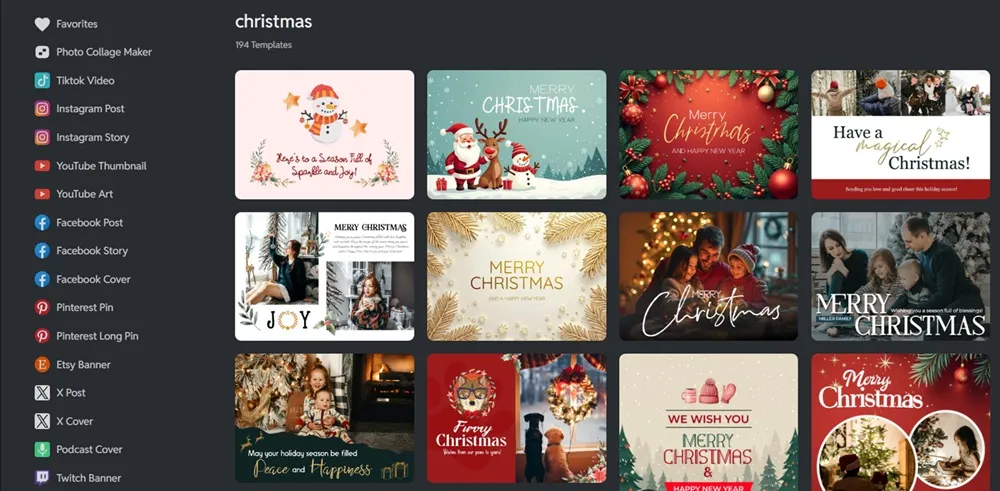Interface d'idées de Noël Pixlr