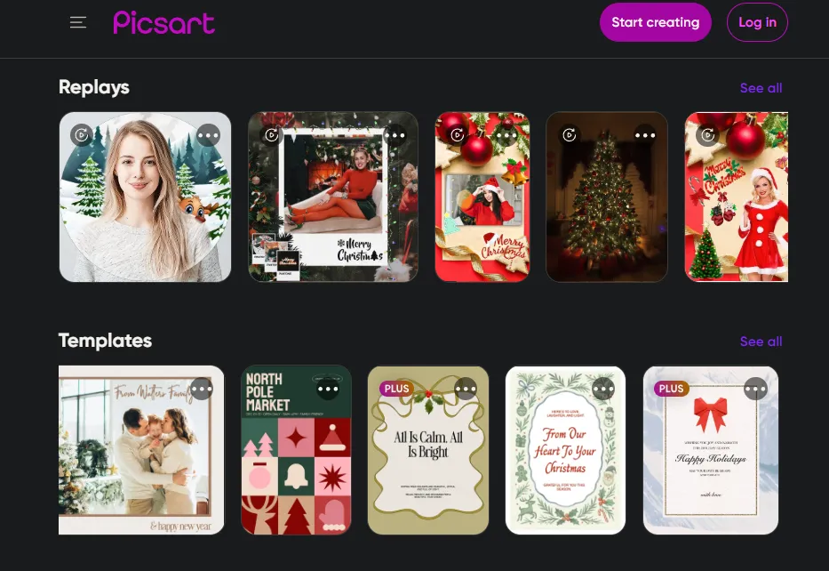 Interface Picsart axée sur les thèmes de Noël.