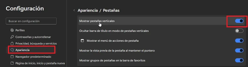 Menu des paramètres d'apparence de Microsoft Edge, où nous voyons le commutateur correspondant pour activer les onglets verticaux.