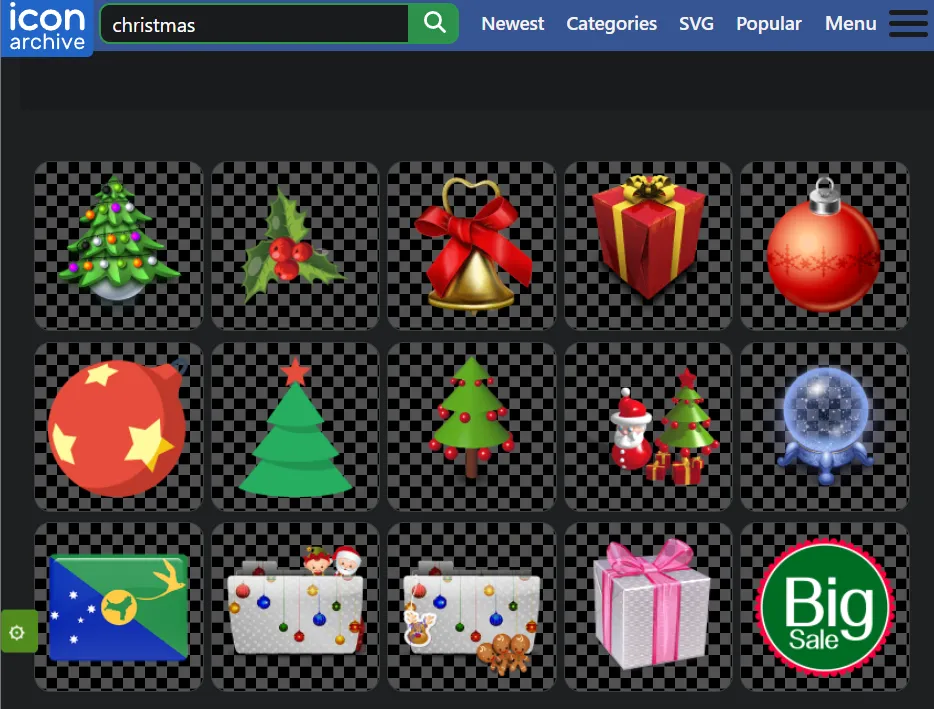 Options d'icônes de Noël que nous pouvons trouver sur iconarchive.com : des arbres de Noël aux cadeaux.
