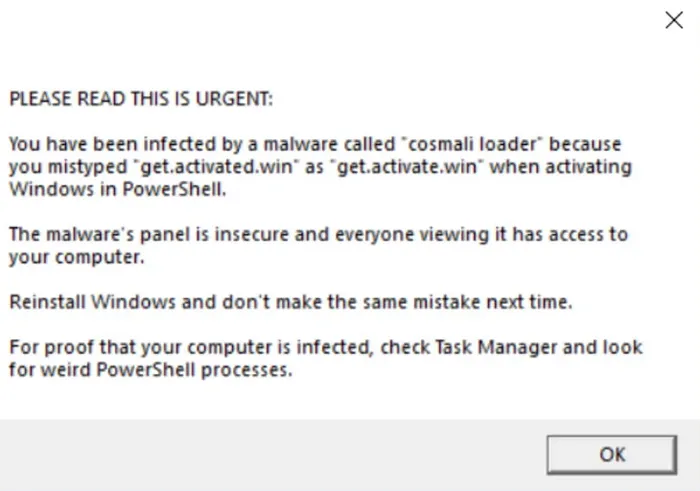 message d'infection par un logiciel malveillant