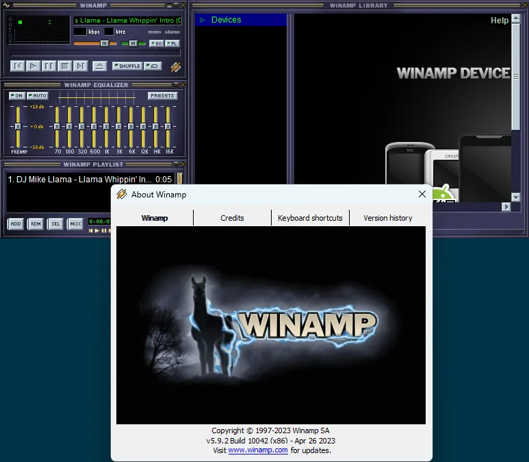 Interface Winamp avec la flamme emblématique