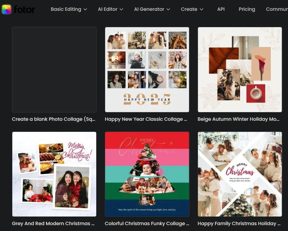 Interface Fotor pour créer des collages de Noël