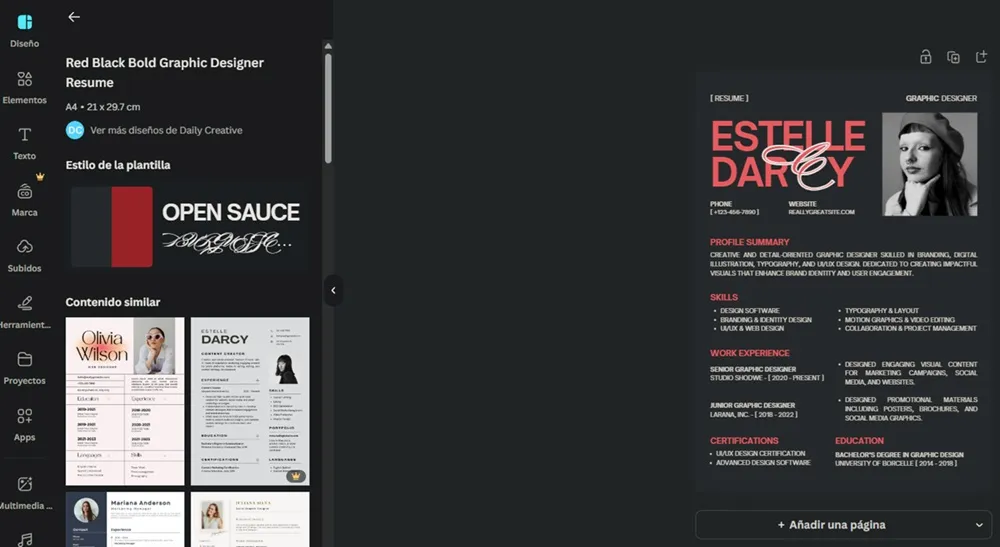 Exemple de modèle de CV créé à l'aide d'un modèle dans Canva