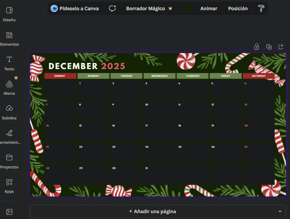 Exemple de modèle de calendrier de décembre 2025 créé à l'aide de Canva.
