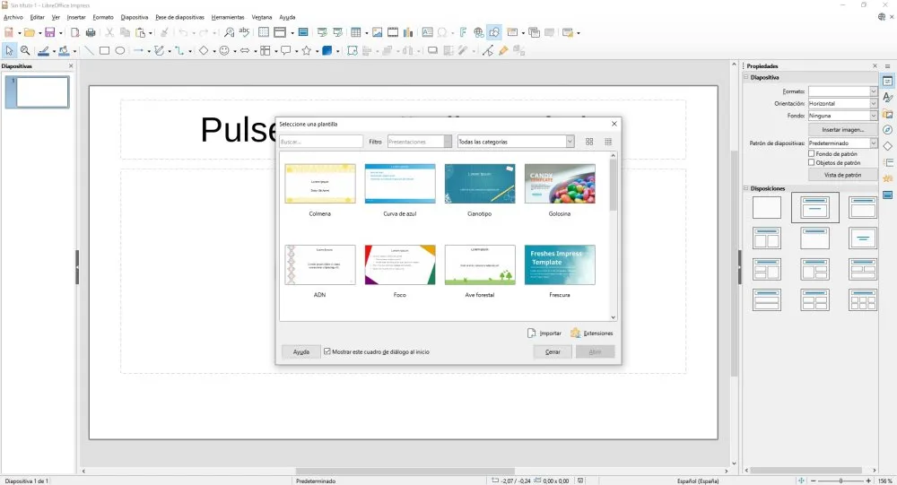 Interface LibreOffice Impress, une suite de programmes dédiée à la création de modèles.