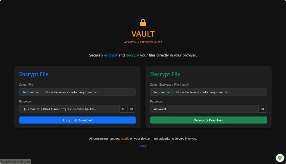 Site Web Vault à partir duquel nous pouvons crypter et décrypter des fichiers localement via le navigateur.