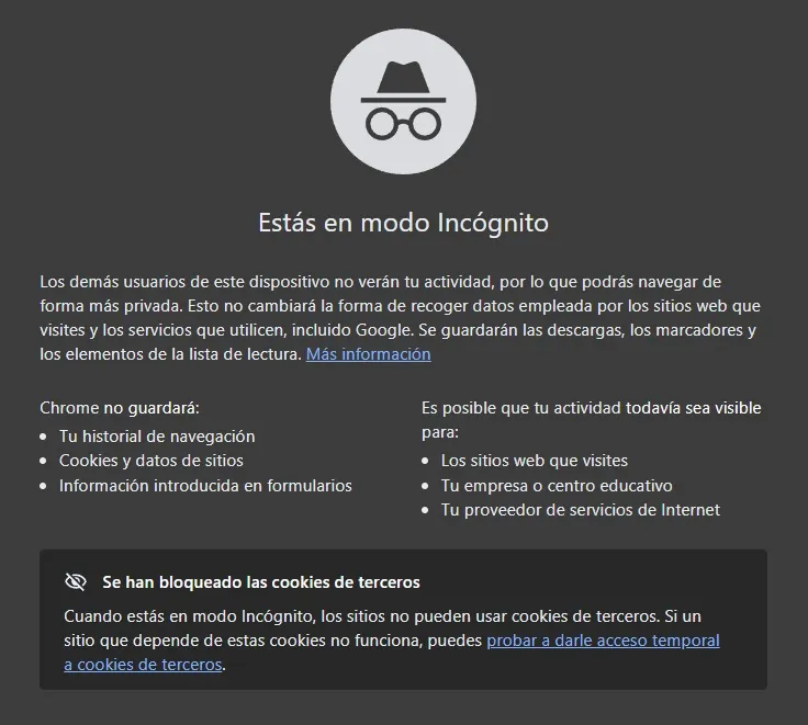 Menu central du mode navigation privée lorsque nous l'ouvrons dans Google Chrome.