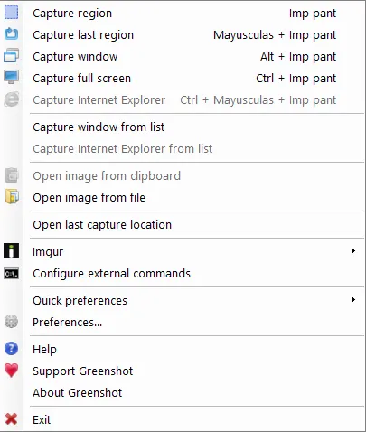 Panneau d'options Greenshot, où vous spécifiez également les raccourcis clavier pour effectuer les différents types de capture