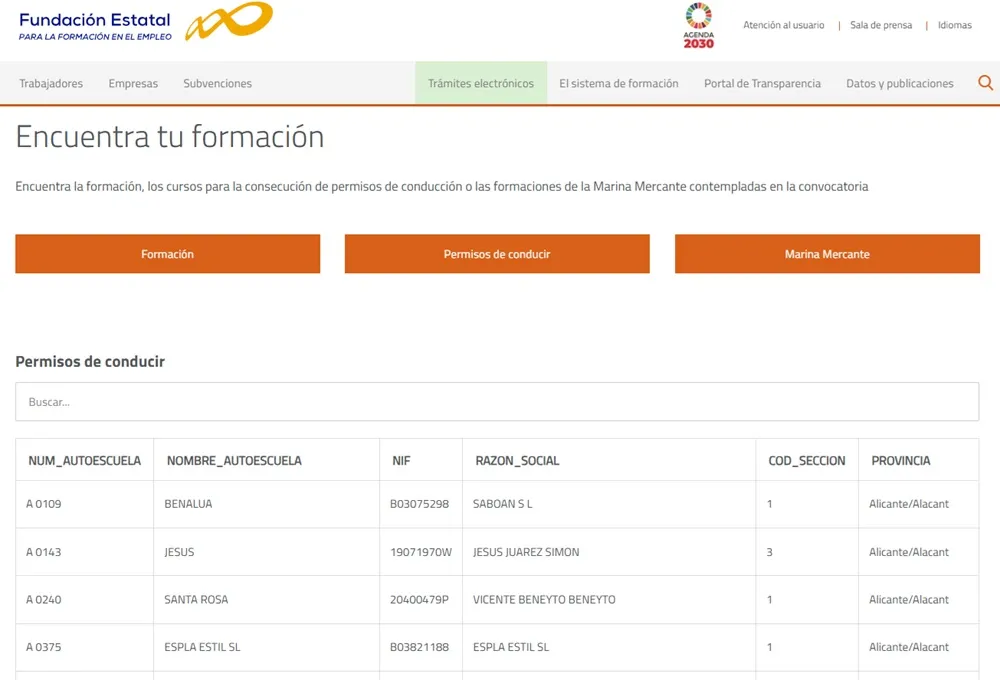 Tableau des formations, Fundae, où sont précisées les localisations géographiques et les différents domaines professionnels.