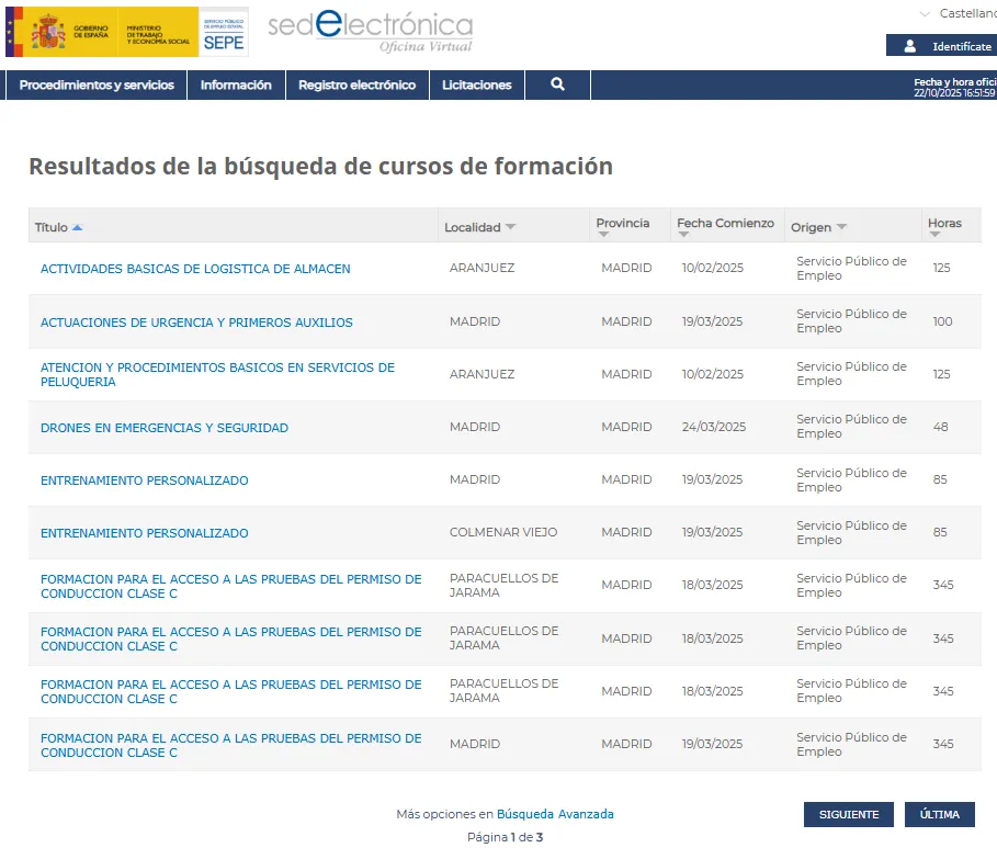 Liste des cours disponibles à Madrid du SEPE