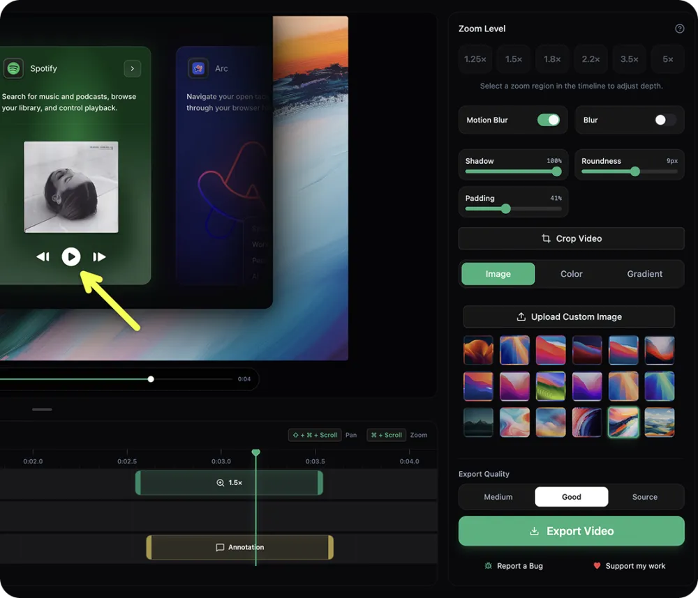 Interface OpenScreen, où l'on peut trouver dans la colonne de droite les différentes options de conception de l'application