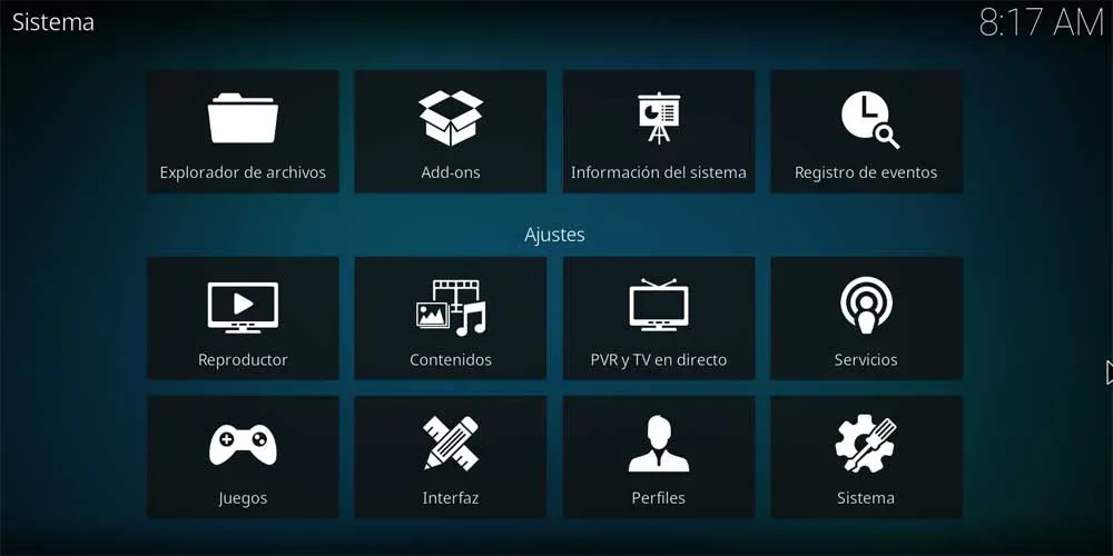 Capture d'écran de l'interface principale de Kodi sur un ordinateur, affichant les menus Films, Émissions de télévision, Musique et Paramètres.