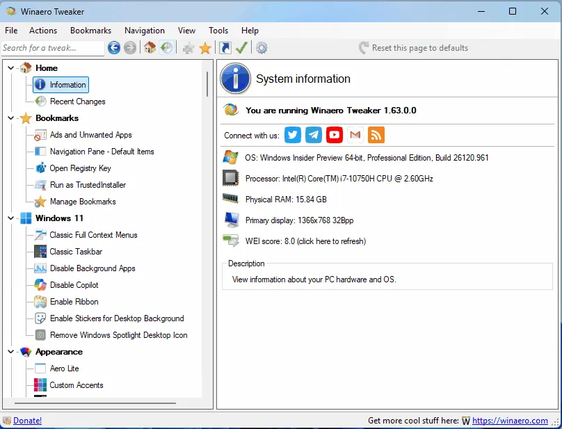 Interface de réglage Winaero
