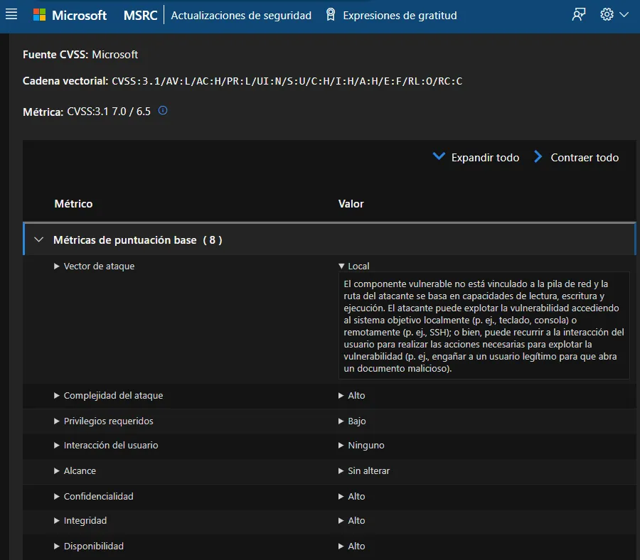 Rapport Microsoft sur la vulnérabilité CVE-2025-62215, où l'on retrouve les différentes métriques de portée, complexité, vecteur d'attaque...