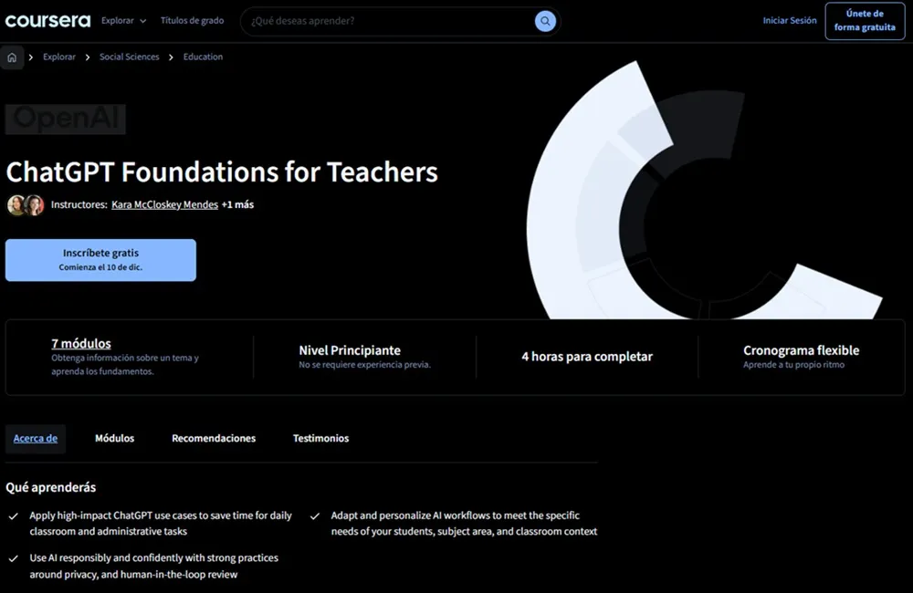 Site Web Coursera, où est proposé le cours ChatGPT pour enseignants, et il est indiqué qu'il commence aujourd'hui, le 10 décembre.