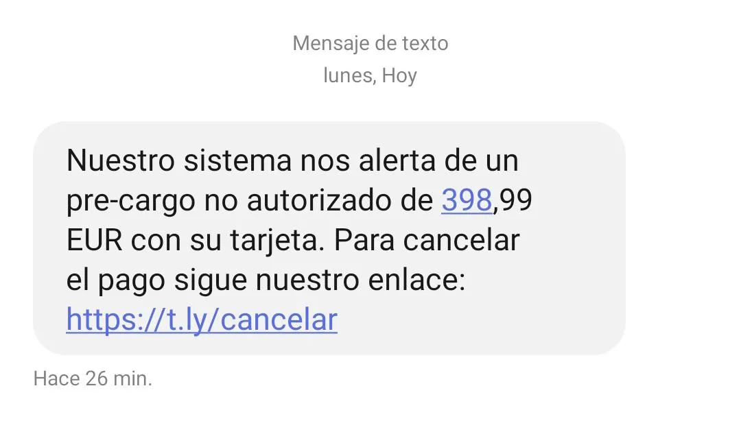 Tentative de phishing sur l'appareil en envoyant des SMS avec un lien dangereux.
