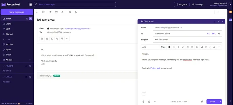 Interface du service de messagerie Proton Mail, où l'on peut voir une fenêtre pour rédiger un nouvel e-mail et les différentes options réparties dans la colonne de gauche.