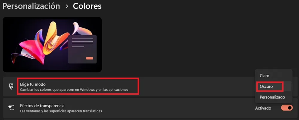 Sélection du mode sombre